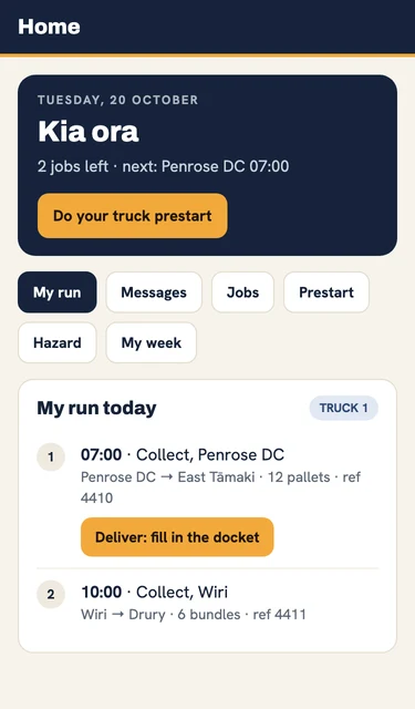 The Shedtally driver screen: the day&rsquo;s run