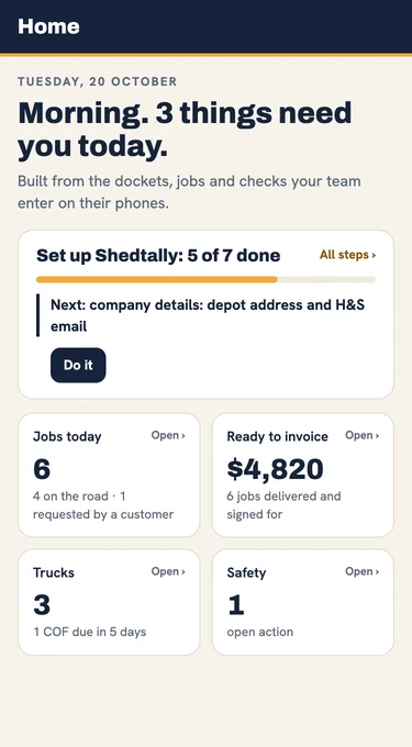The Shedtally owner home screen: jobs today, ready to invoice, trucks and safety